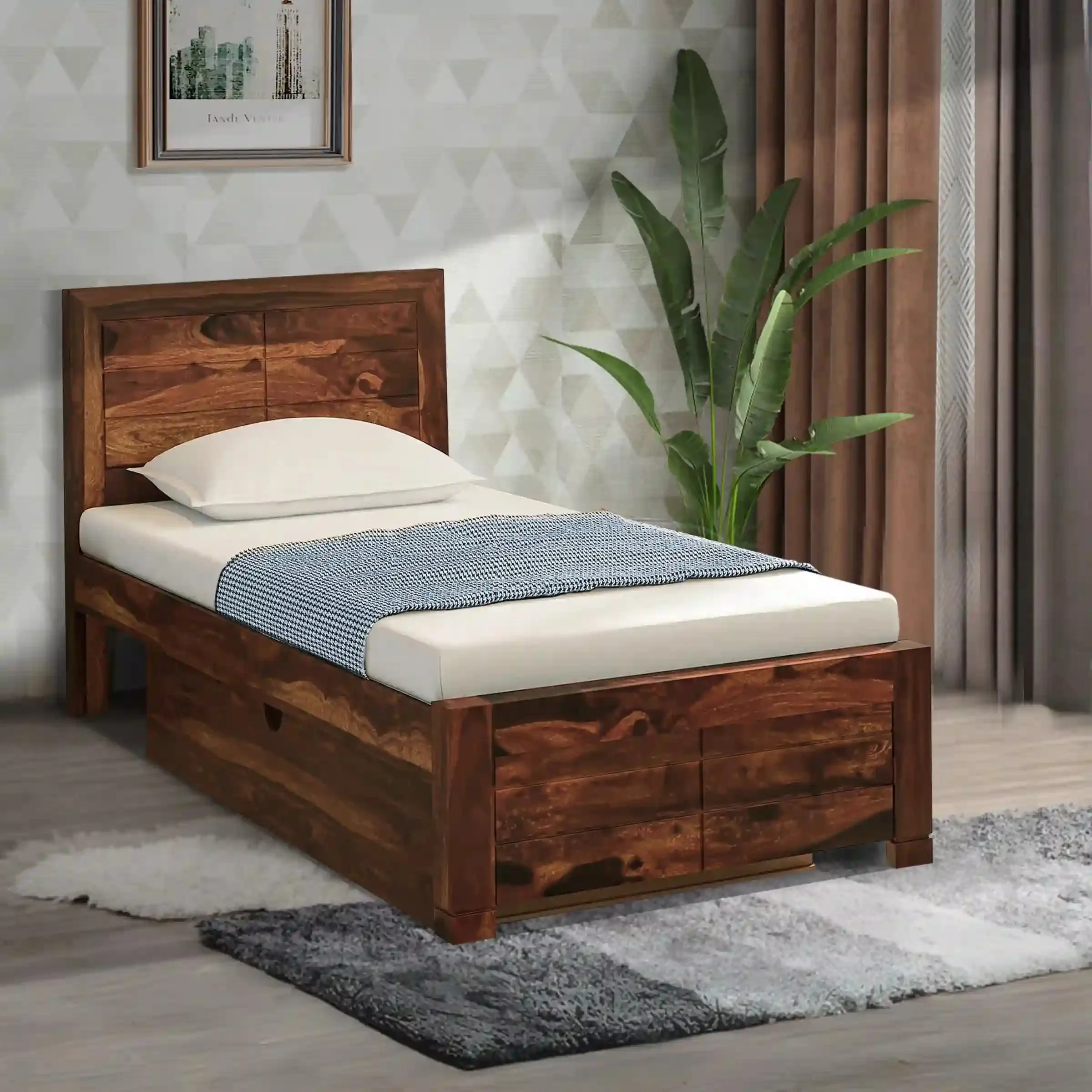 Moscow Sheesham Wood Single Storage Beds With Drawer