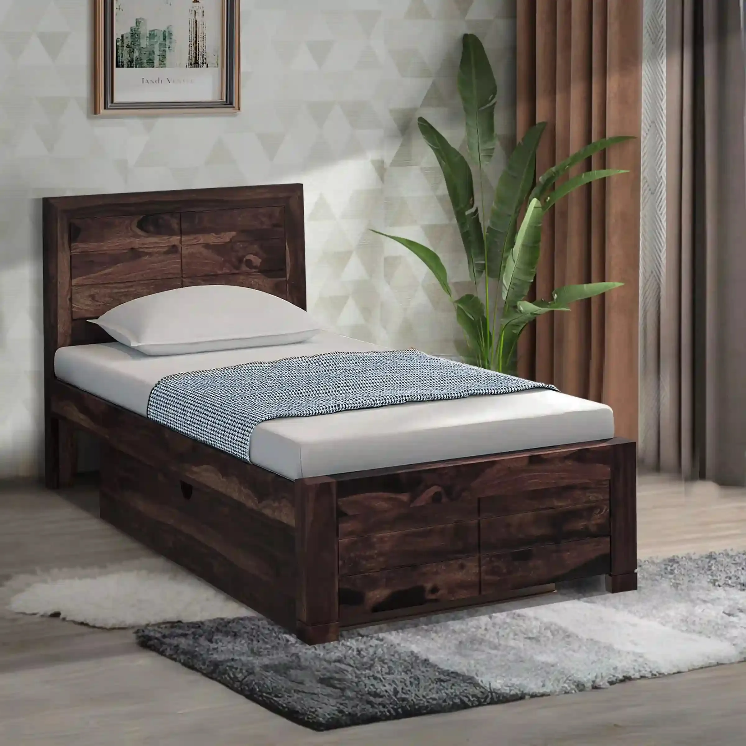 Moscow Sheesham Wood Single Storage Beds With Drawer
