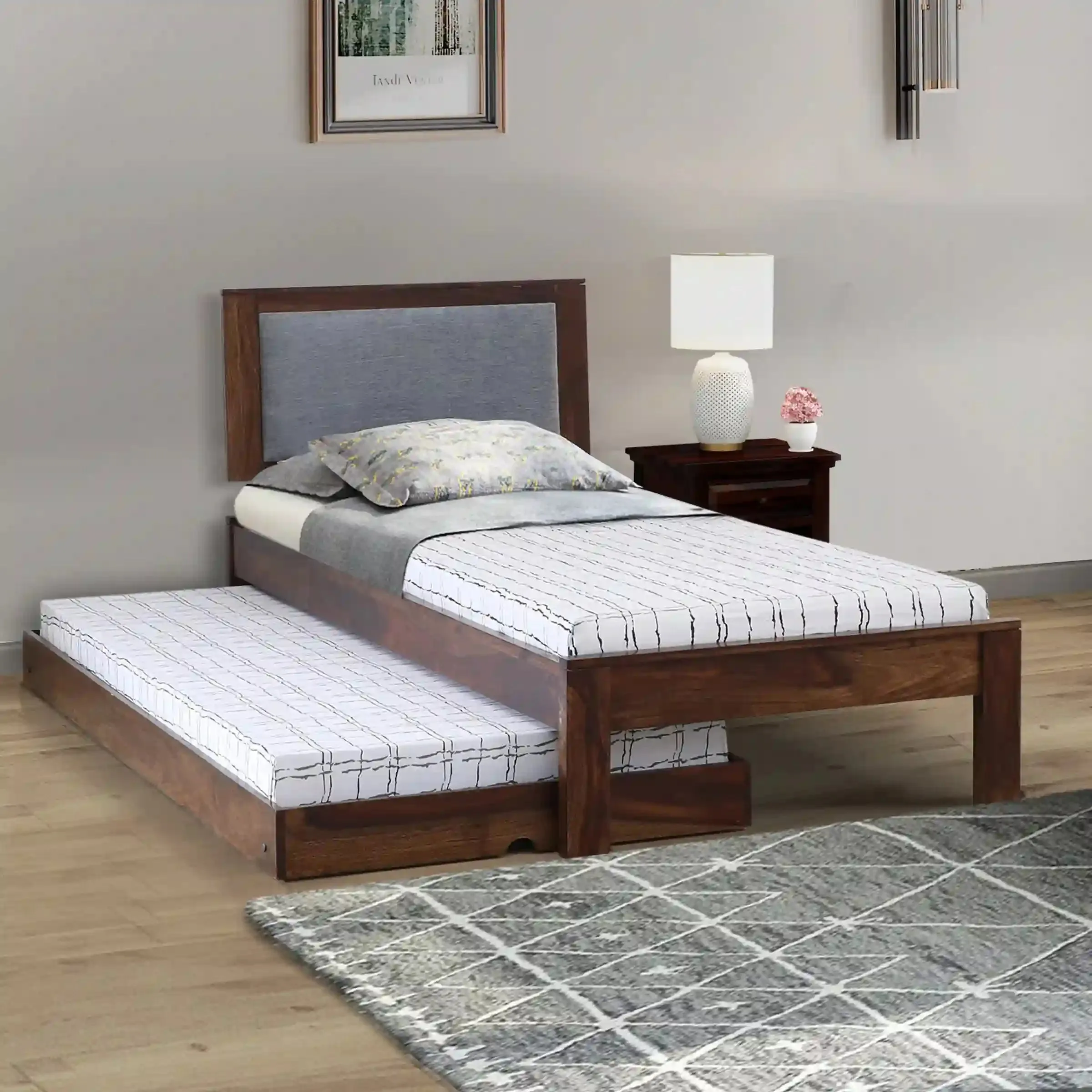 Mukund Sheesham Wood Single Bed With Trundle