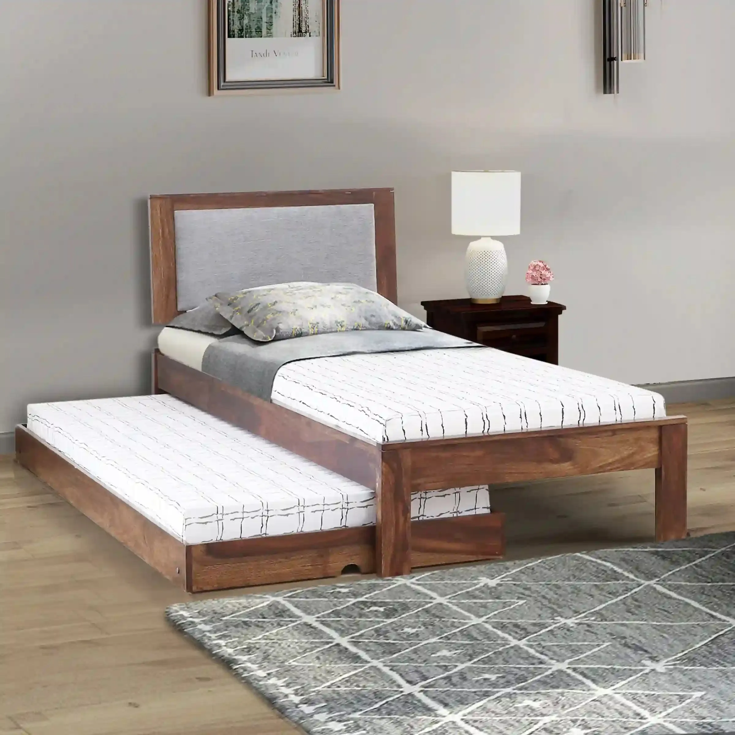 Mukund Sheesham Wood Single Bed With Trundle