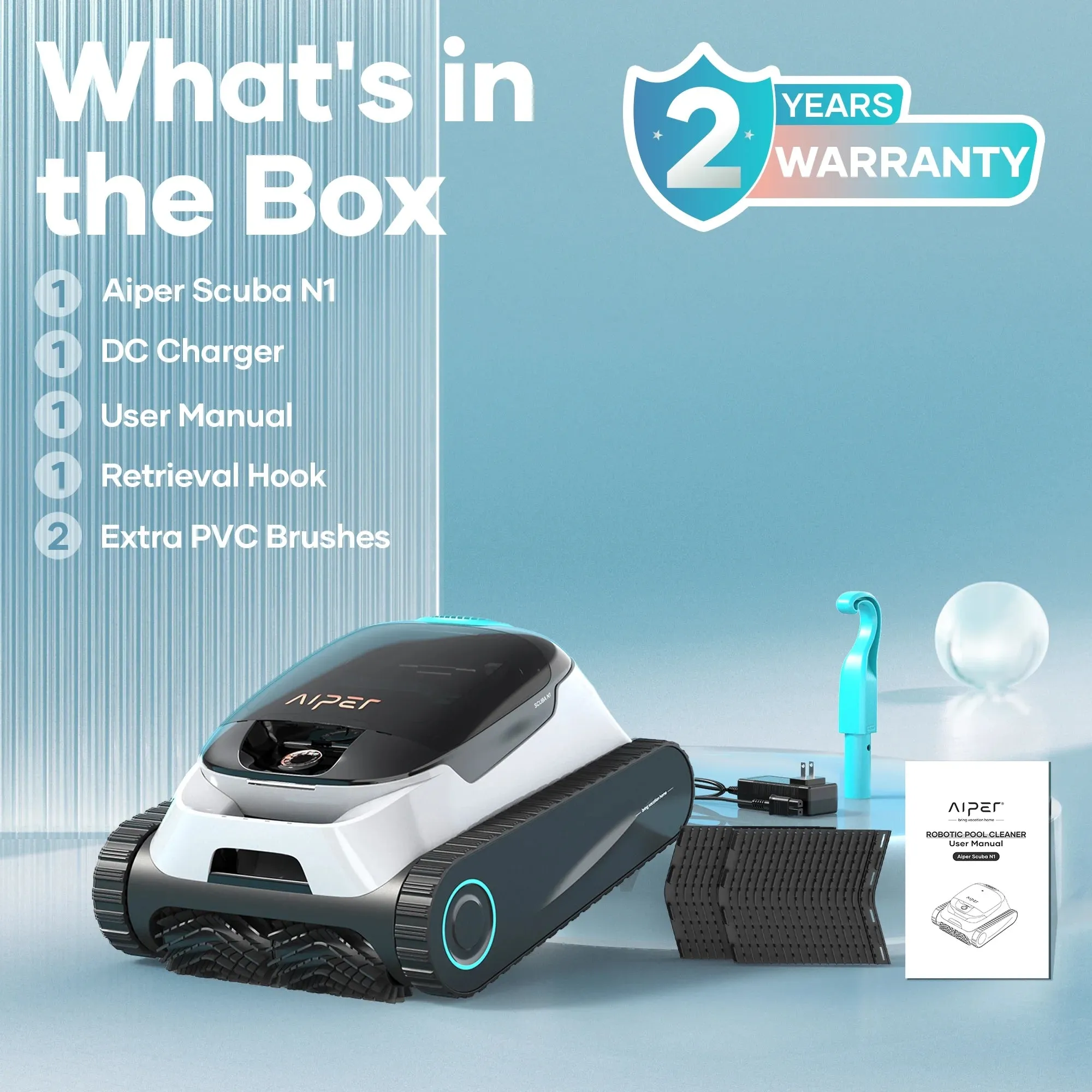 N1 Pool Robot Cordless Robotic Pool Vacuum Cleaner with 2 Extra Replacement Brushes for Inground Pools 110W Suction Power Wall Floor Waterline Cleaning