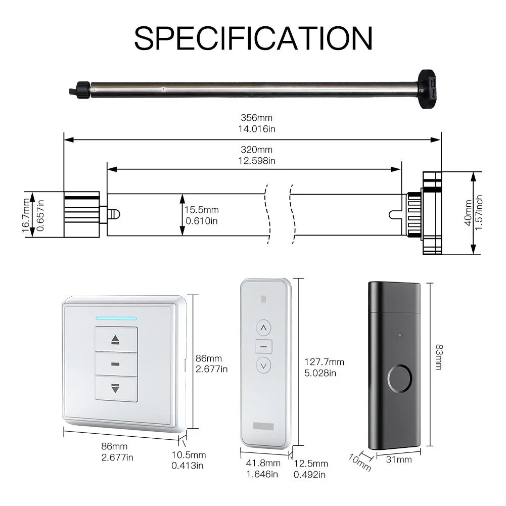 Rechargeable Tubular Roller Blind Motor RF433 Remote Control