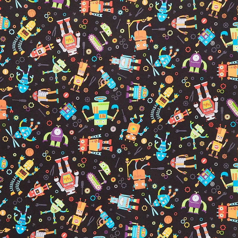 Rollicking Robots - Busy Bots Black Yardage
