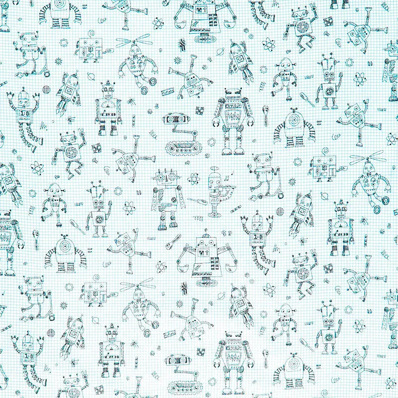 Rollicking Robots - Drawing Board White Yardage