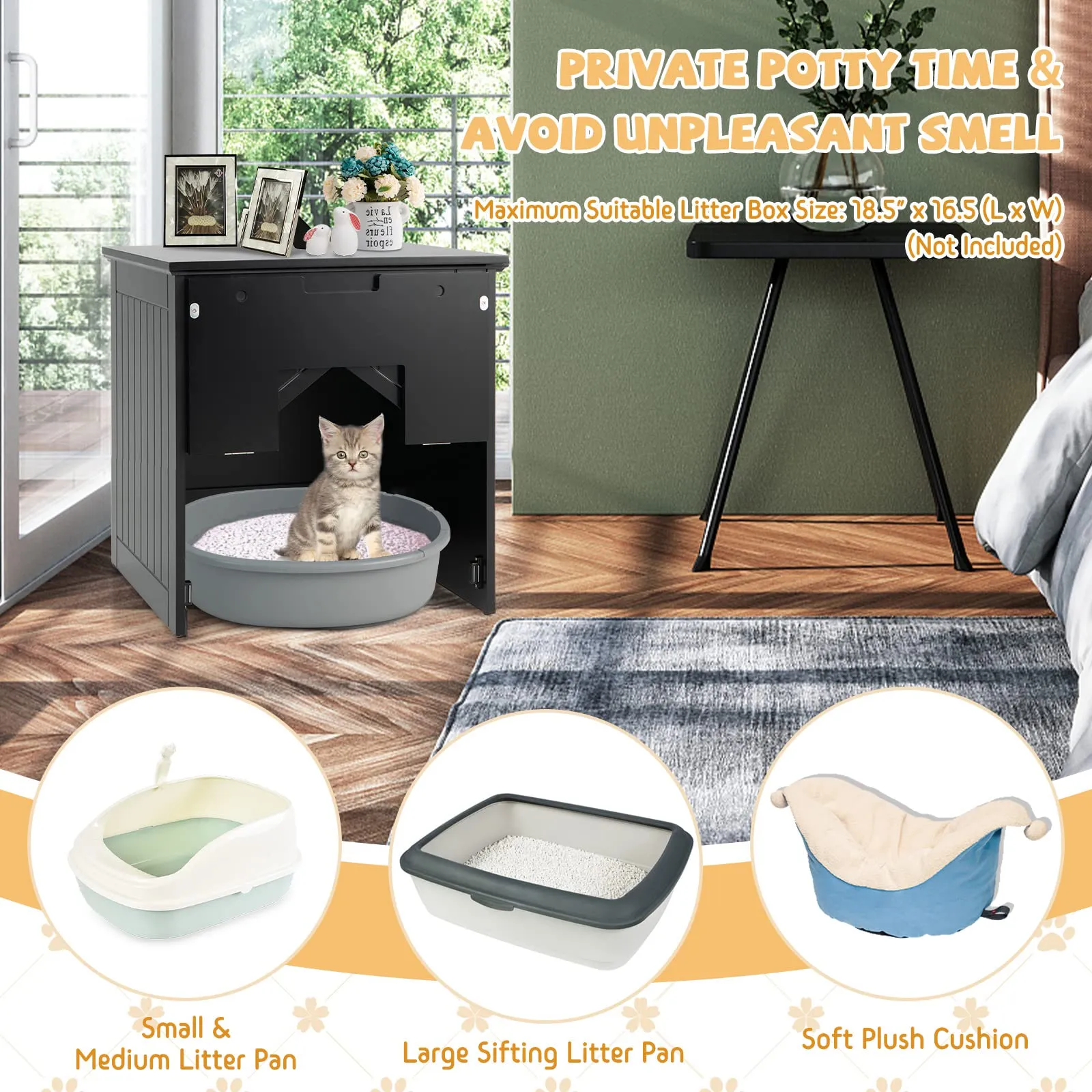 Tangkula Cat Litter Box Enclosure with Flip Half Door, Private Enclosed Cat Washroom with Magnetic Door Latch