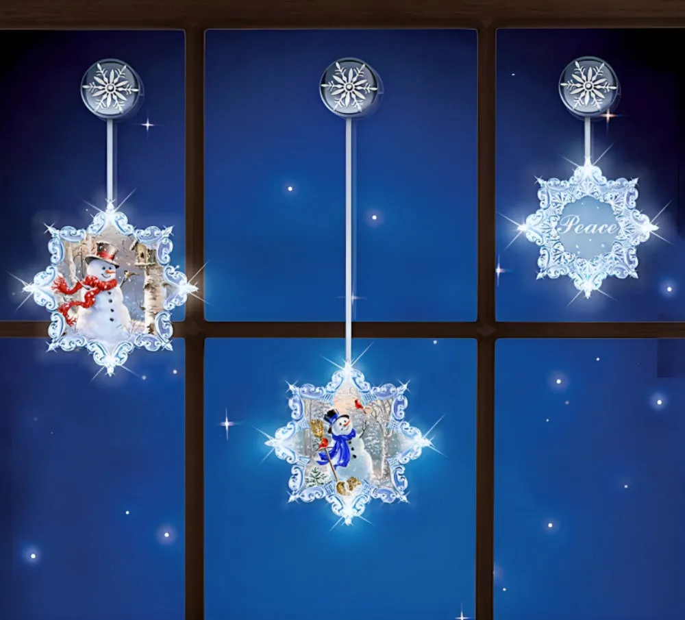 The Bradford Exchange Radiant Joys of the Season Ornament Collection Issue #1 Holiday Delights Set of 3 Handcrafted Illuminated Christmas Window Ornaments with Snowman Portraits & Winter Wildlife by Dona Gelsinger 15.5-Inches