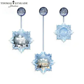 The Bradford Exchange Snow Delightful Ornaments Radiant Joys of the Season Illuminated Ornament Collection Set of 3 Collectible Ornaments with LED Lights Sparkling Glitter Christmas Decoration by Thomas Kinkade