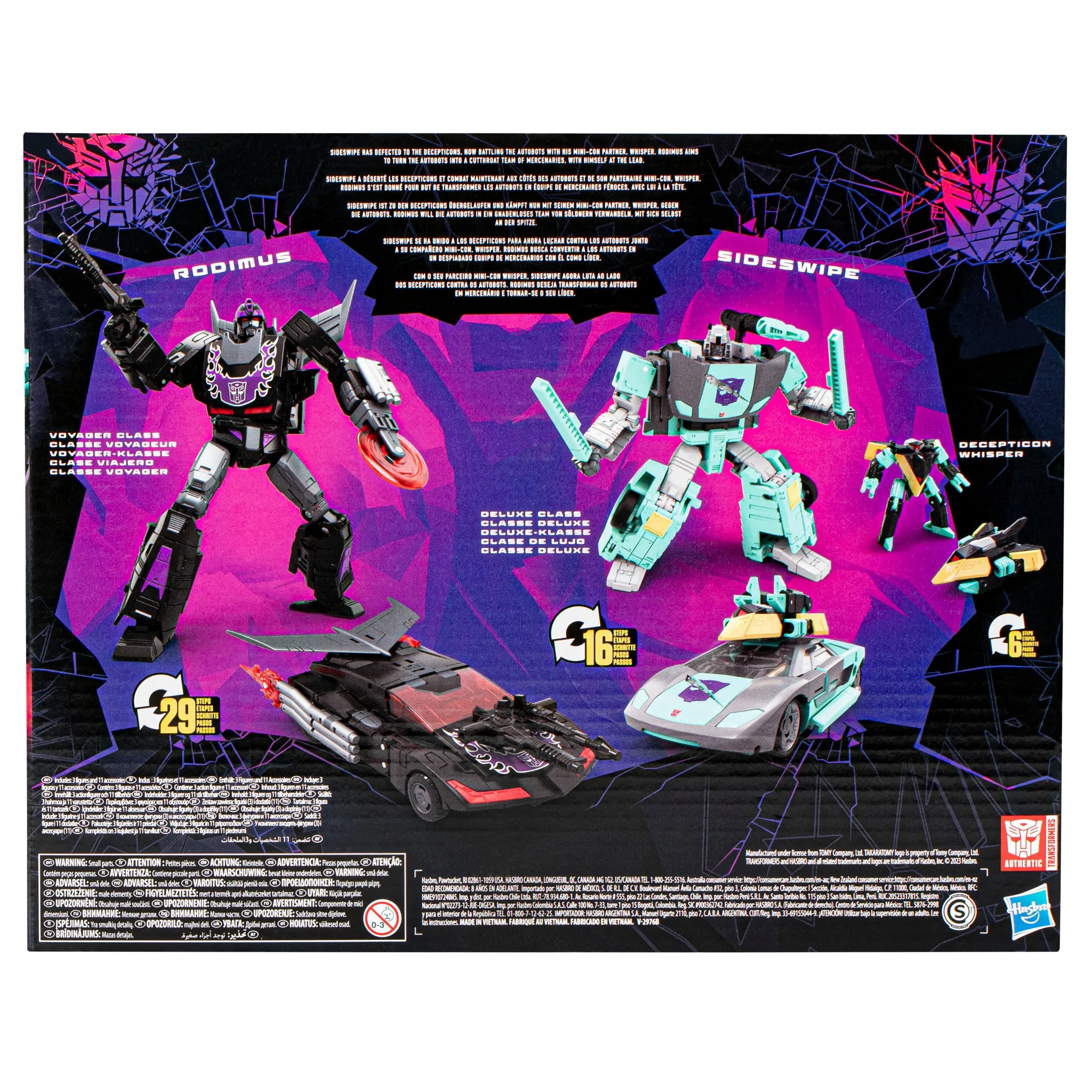 Transformers Generations Shattered Glass Collection Rodimus, Sideswipe, and Decepticon Whisper