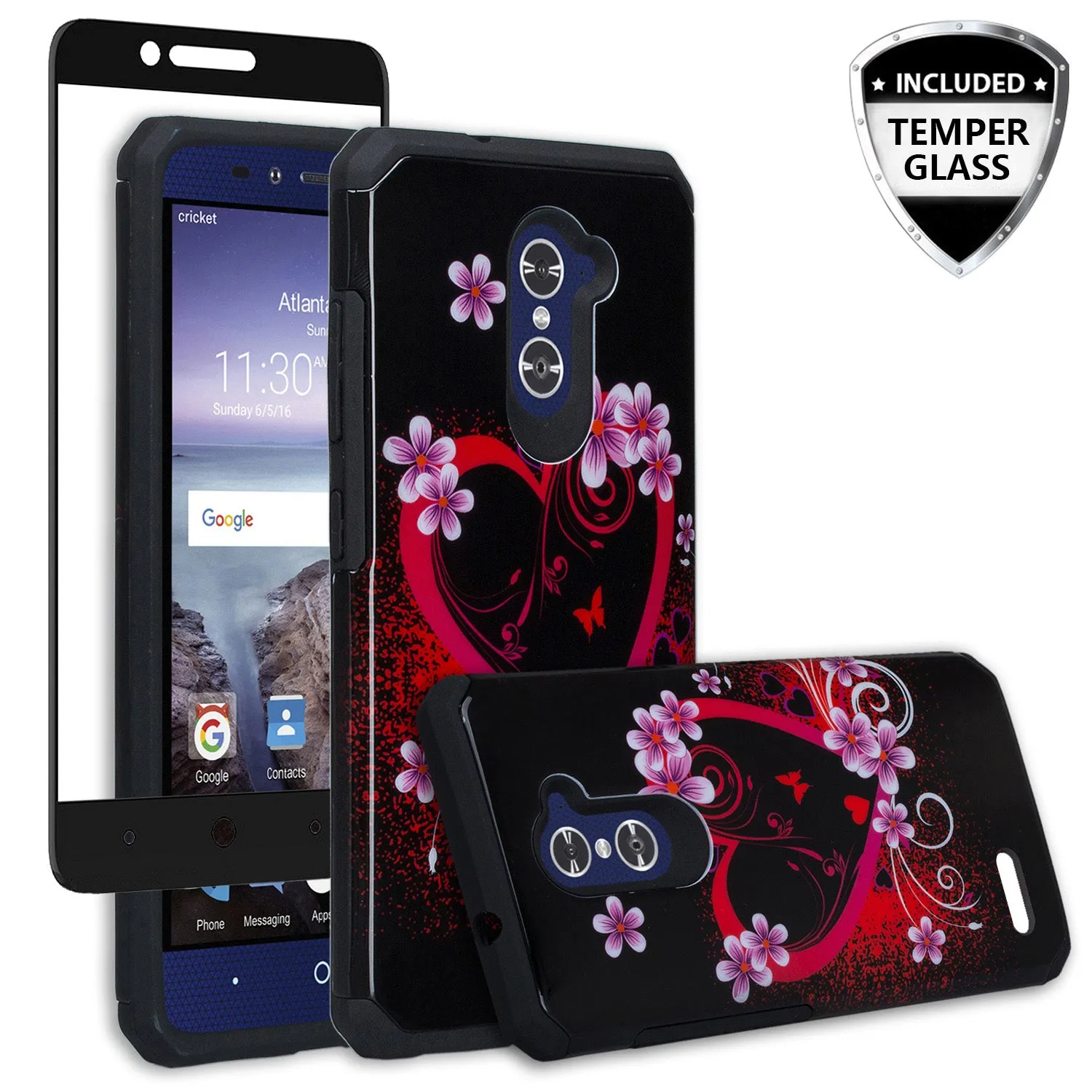 ZTE ZMAX Pro Case, ZTE Blade X Max, ZTE Carry, [Include Temper Glass Screen Protector] Slim Hybrid Dual Layer Armor[Shock Absorbent] Case for ZMAX Pro - Flower Hearts